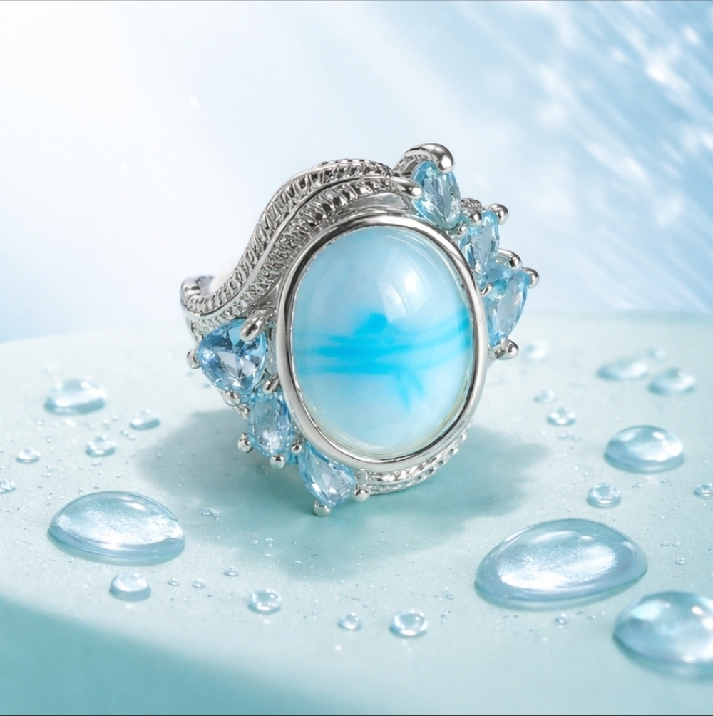 Eye Catching Oval Shell & Sea Blu Blue Zircon Ring Size 5